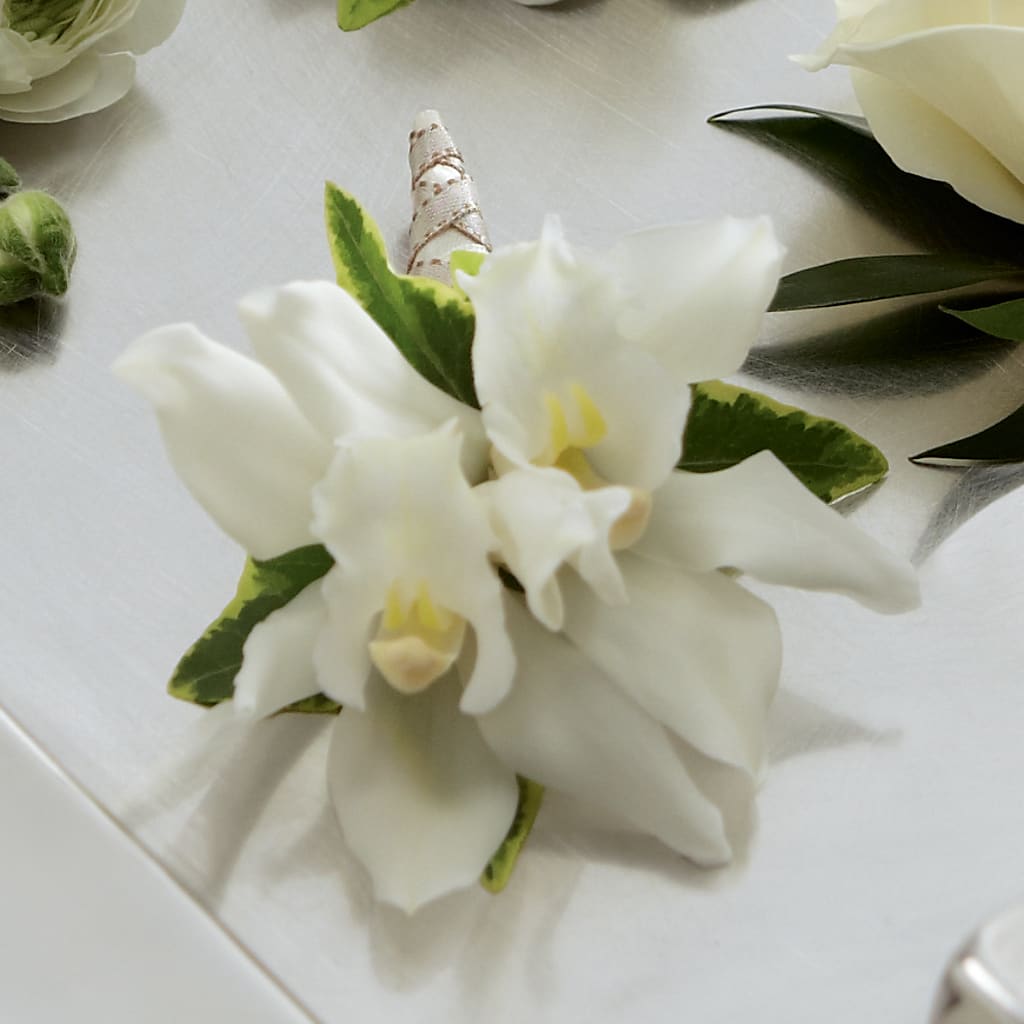 White Mini Cymbidium Boutonniere – GIA'S GARDEN FLOWER SHOP INC, Bronx NY