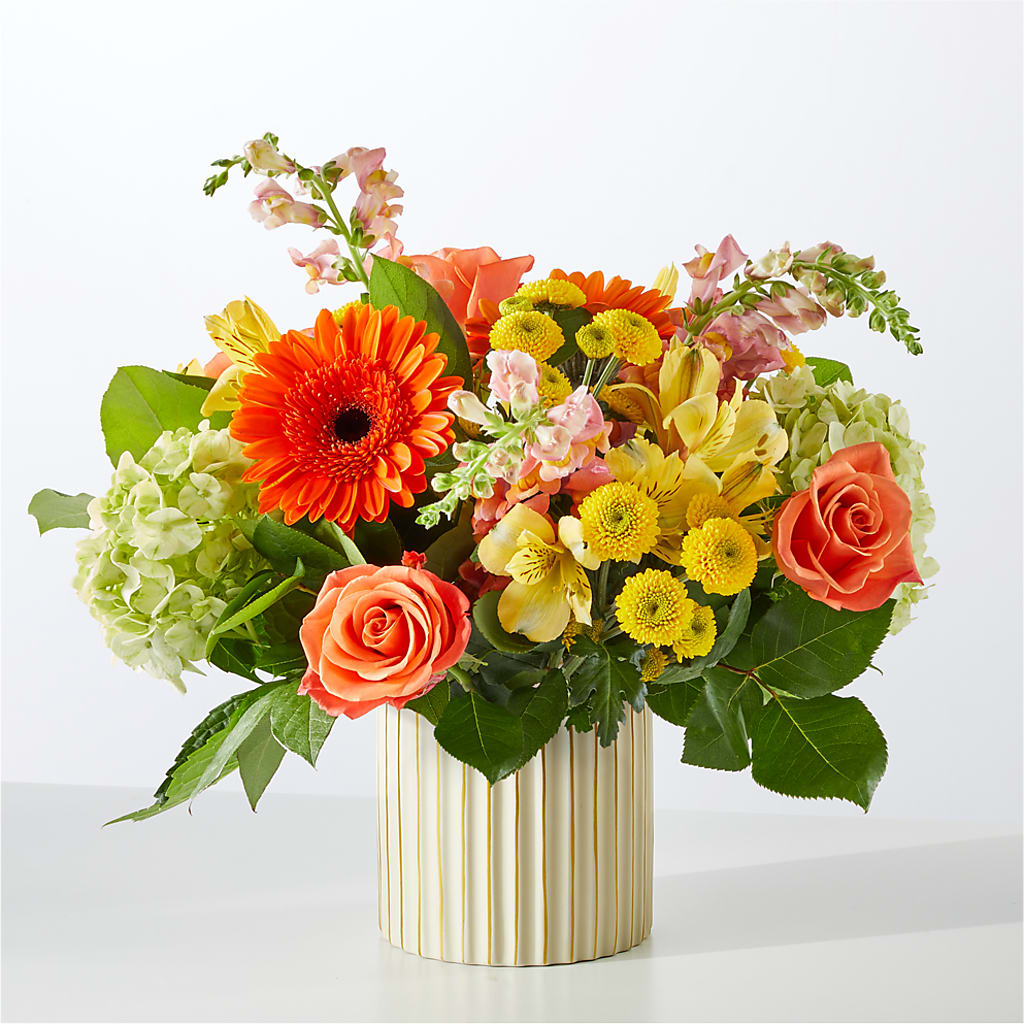 Autumn Sunshine Bouquet with Ivory Vase – GIA'S GARDEN FLOWER SHOP INC, Bronx NY